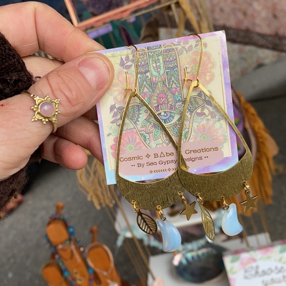 Opalite Moon ๐ Brass Earrings || boho babe || good vibes || handmade - Picture 5 of 8
